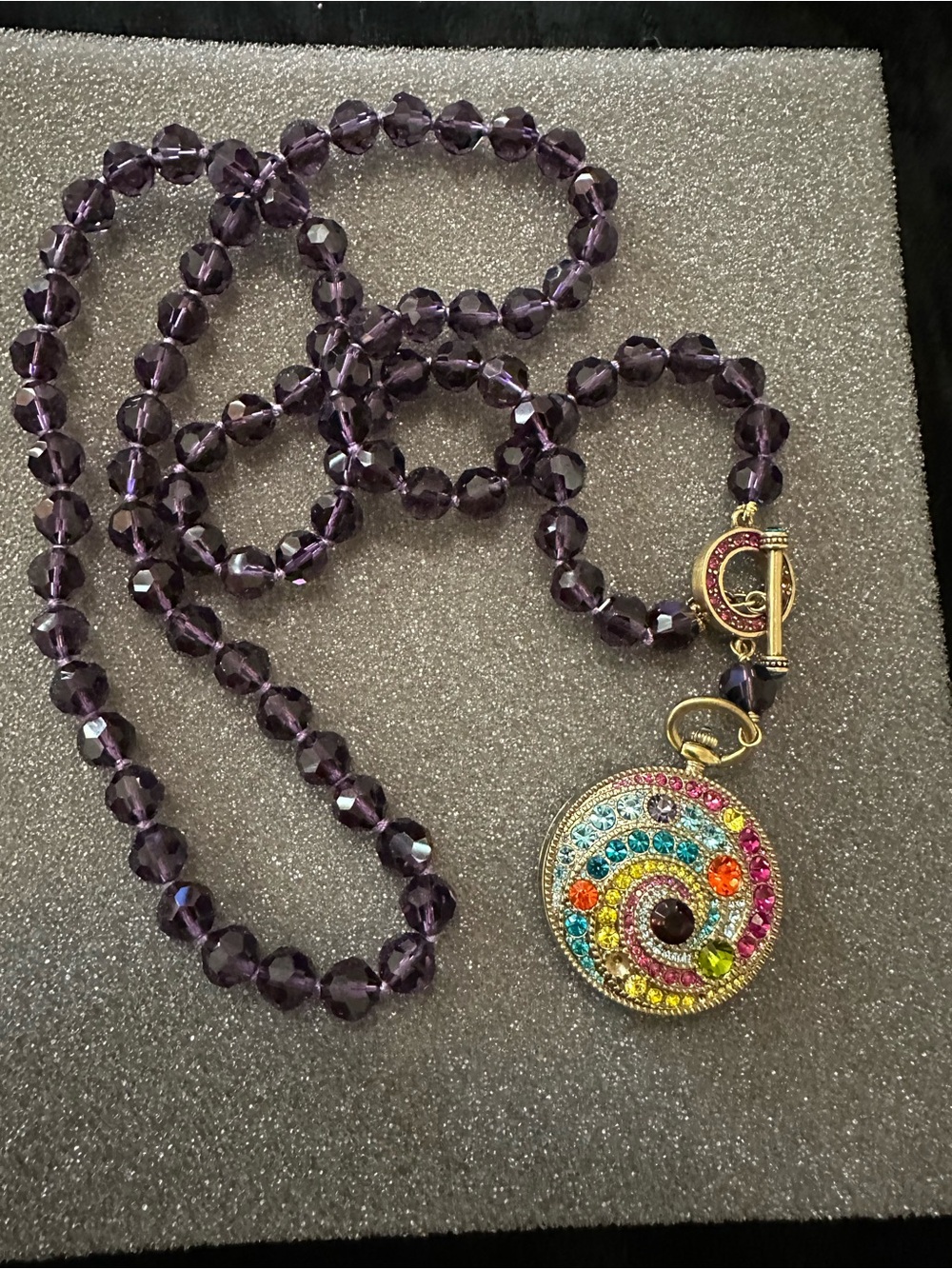 Heidi Daus Purple Beaded Necklace with Multicolor Crystal Spiral Pendant